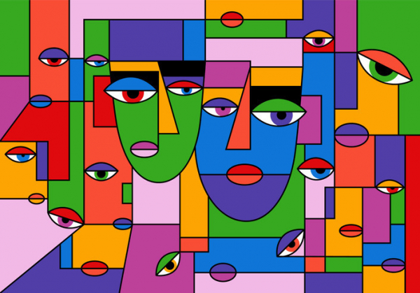 Colorful Cubist art –– red, green, blue, pink purple –– shows two faces with extra eyes placed randomly all over